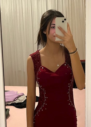 diğer Beden bordo Renk Bordo V Yaka Pul İşlemeli Midi Abiye Elbise