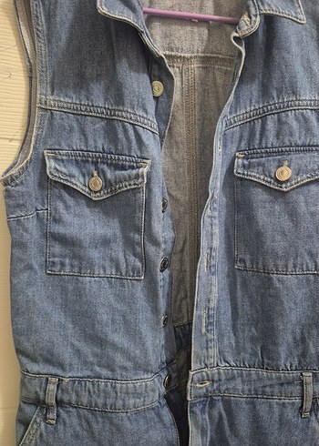 Kadın Mavi Kot Tulum, Kemerli, Kolsuz - Görsel 4