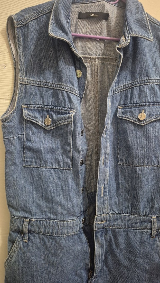 Kadın Mavi Kot Tulum, Kemerli, Kolsuz - Görsel 4