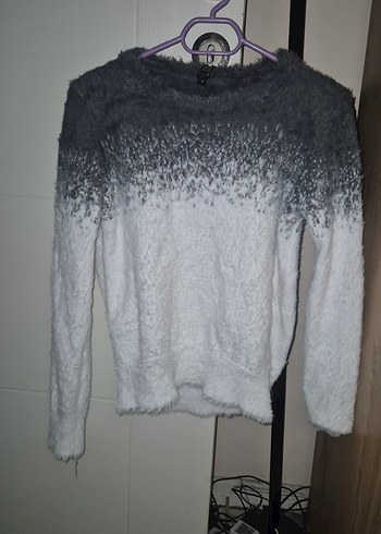 Gri Beyaz Bağlama Desenli Uzun Kollu Triko Kazak - Görsel 2