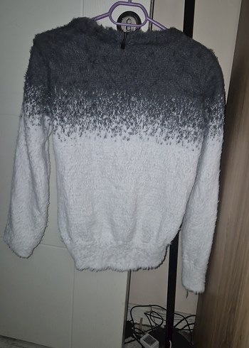 Gri Beyaz Bağlama Desenli Uzun Kollu Triko Kazak - Görsel 3