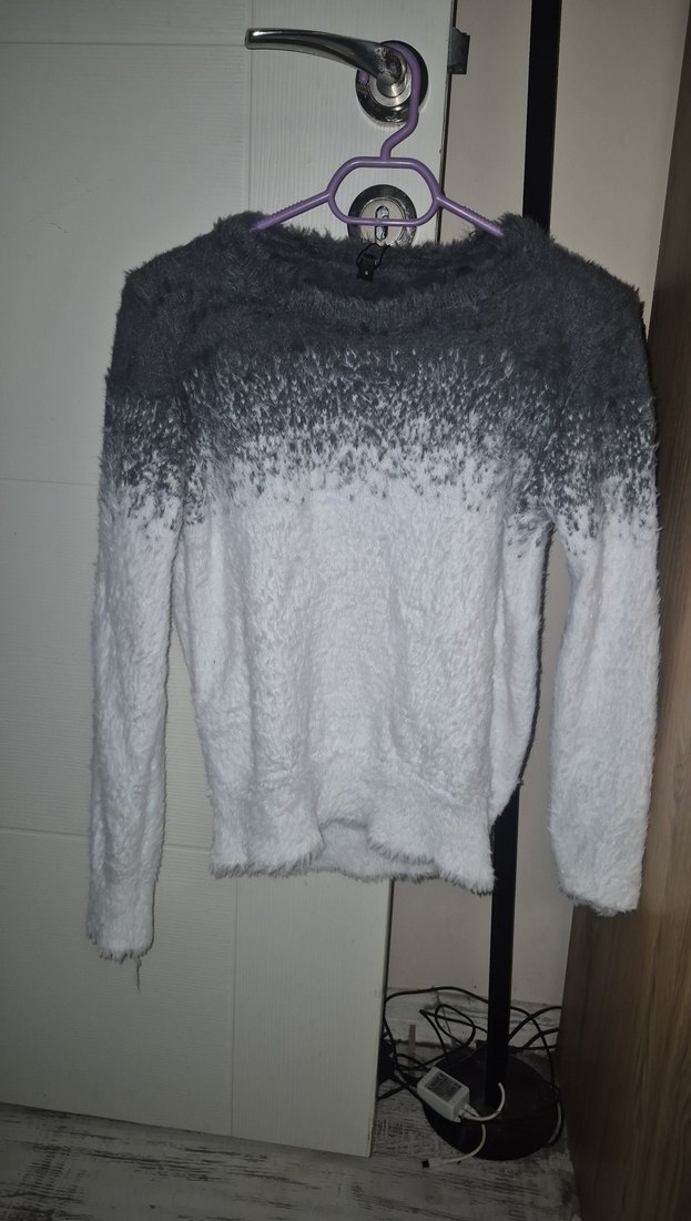 Gri Beyaz Bağlama Desenli Uzun Kollu Triko Kazak - Görsel 2