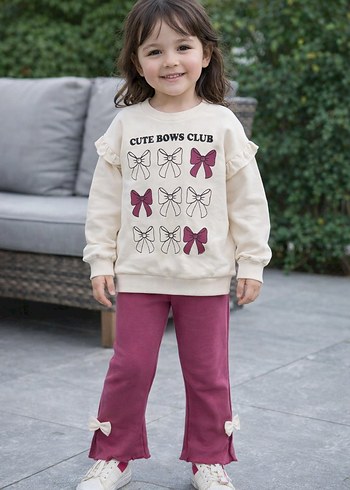 Bej Baskılı Kız Sweatshirt ve Pantolon Takımı - Görsel 2