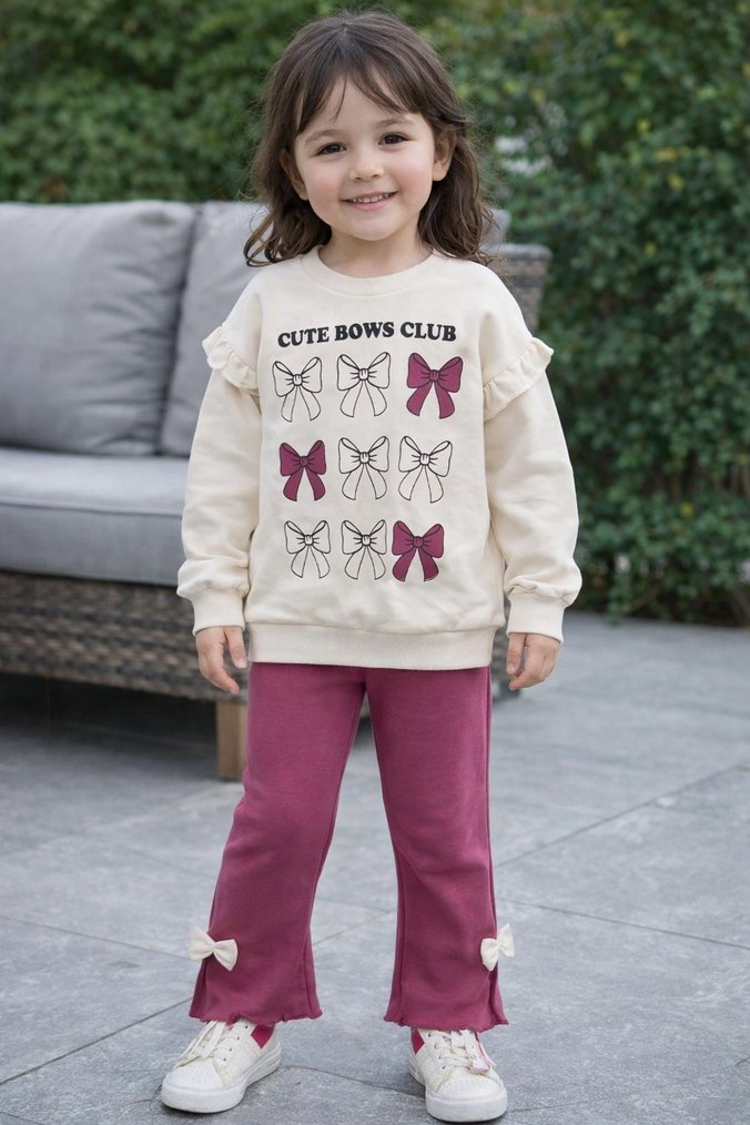 Bej Baskılı Kız Sweatshirt ve Pantolon Takımı - Görsel 2