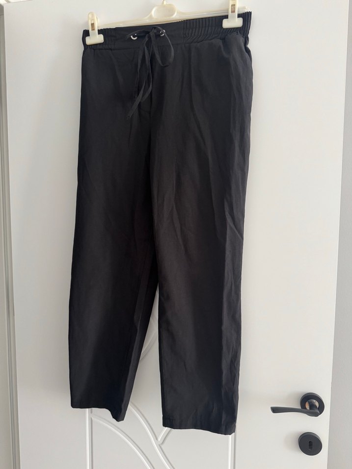 Beli Bağcıklı Siyah Kadın Keten Pantolon - Görsel 3