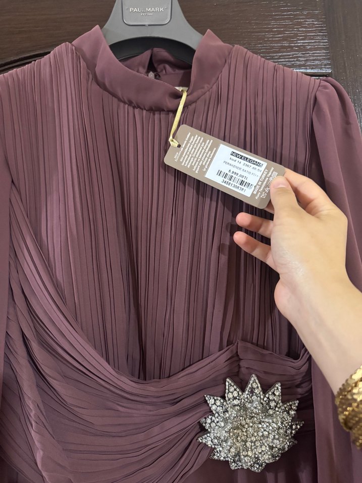 Bordo Piliseli Uzun Kollu Kadın Abiye Elbise - Görsel 2