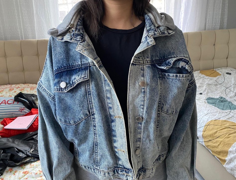 Kapüşonlu Gri Kot Ceket - Görsel 2