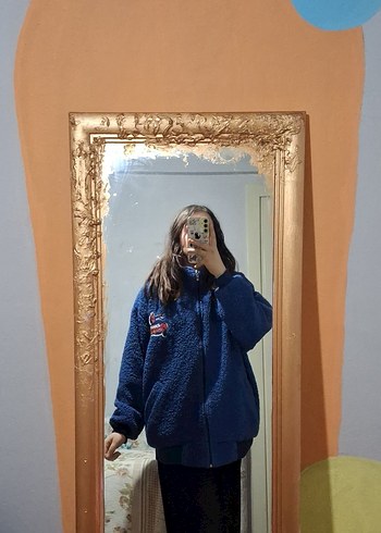 Mavi Oversize Kadın Pofuduk Peluş Ceket - Görsel 2