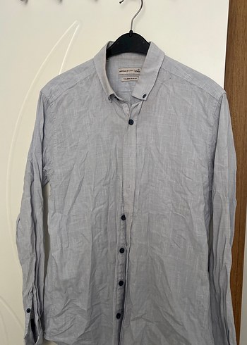 Gri Kısa Kollu Keten Gömlek - Görsel 2