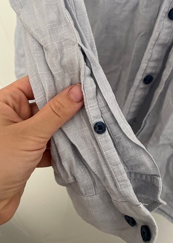 Gri Kısa Kollu Keten Gömlek - Görsel 4