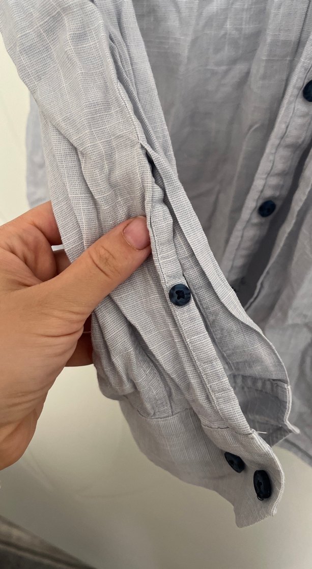 Gri Kısa Kollu Keten Gömlek - Görsel 4