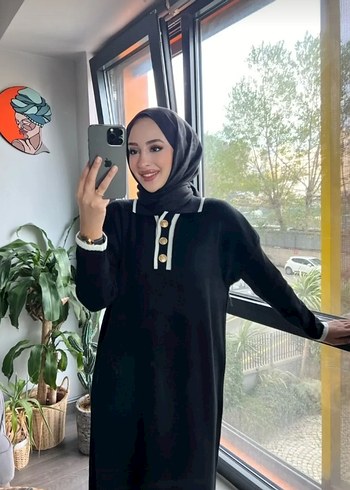 Oversize Düğmeli V Yaka Fitilli Triko Tesettür Elbise