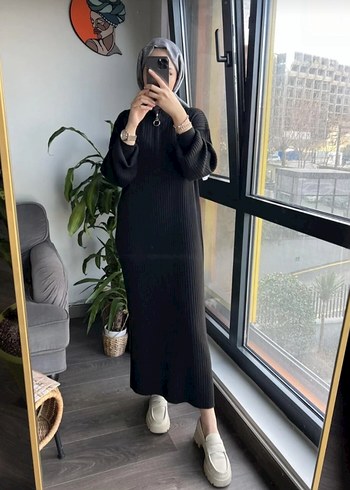 Diğer Oversize Bol Kesim Fermuar Yaka Fitilli Triko Tesettür Elbise