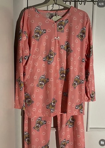 Pembe Ayıcık Desenli Uzun Kollu Düğmesiz Kadın Pijama Takımı