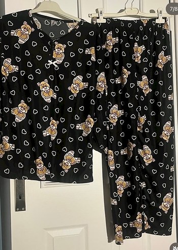 Siyah Ayıcık Desenli Rahat Düğmesiz Kadın Pijama Takımı