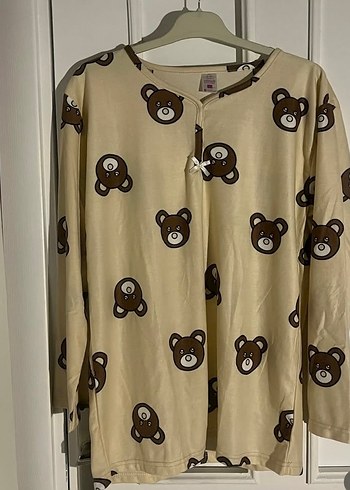 Düğmesiz, Uzun Kollu, Ayıcık Desenli Kadın Pijama Takımı