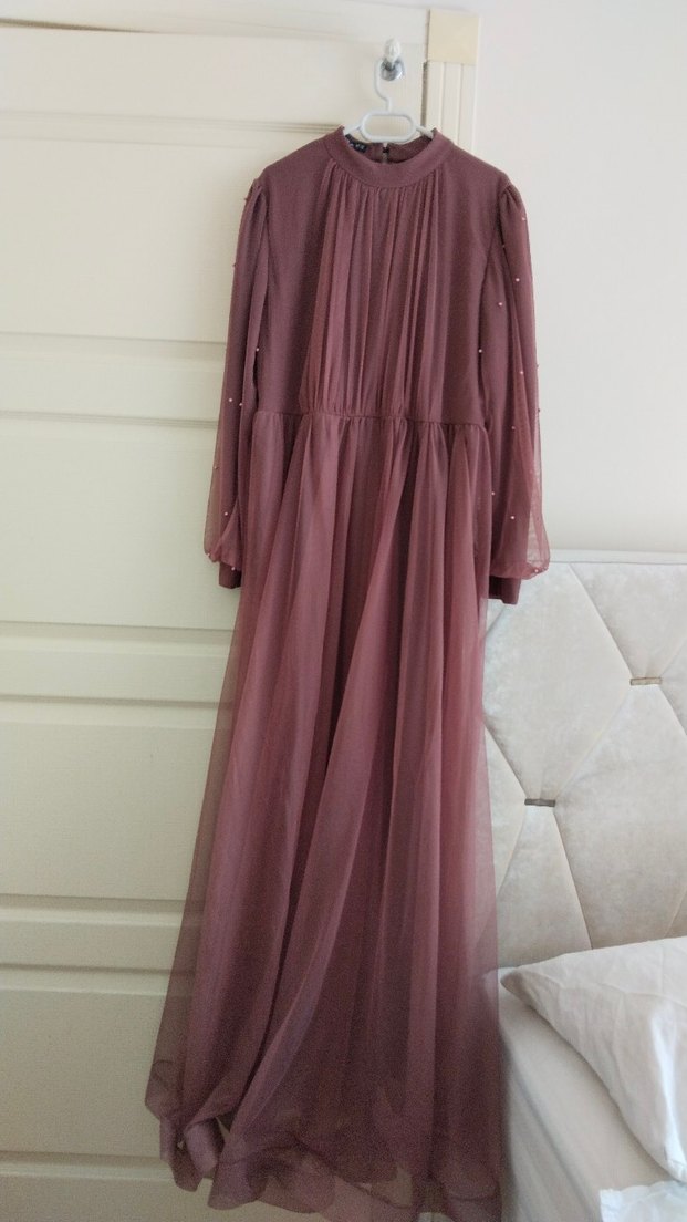 Bordo Uzun Drapeli Kadın Elbise - Görsel 3