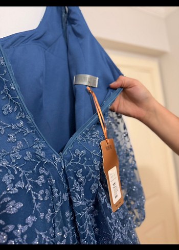 Abiye Lace İşlemeli Mavi simli Midi Elbise