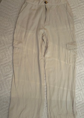 Bej Keten Midi Bol Kesim Kadın Pantolon