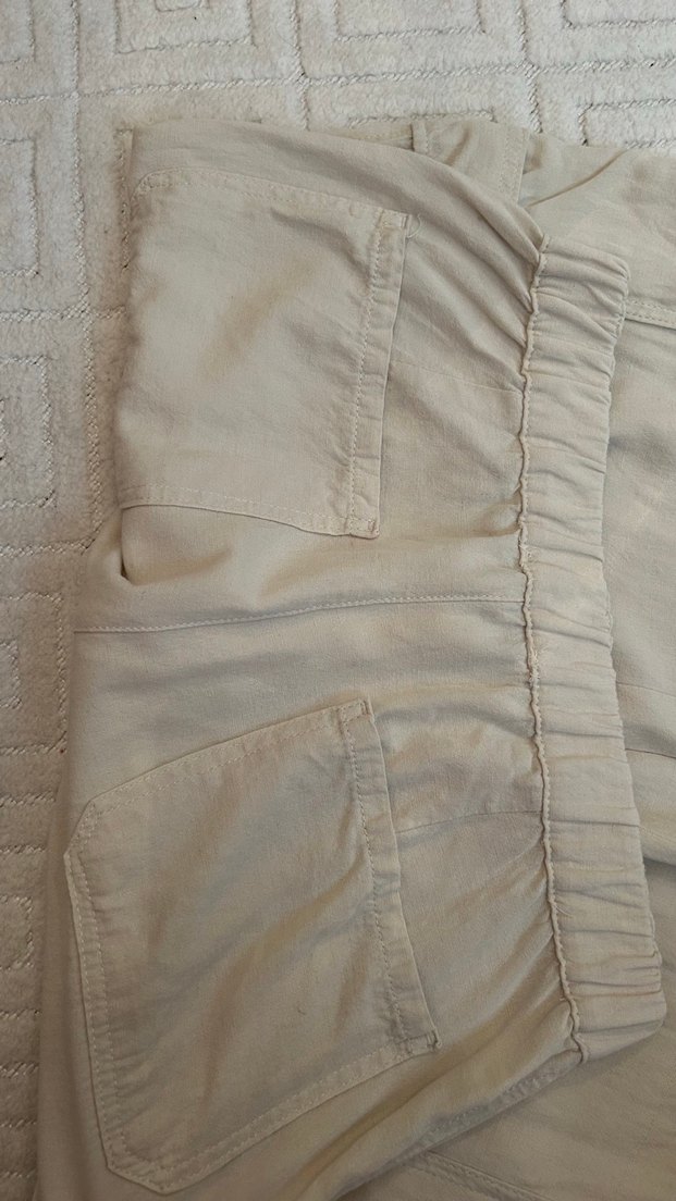 Bej Keten Midi Bol Kesim Kadın Pantolon - Görsel 4