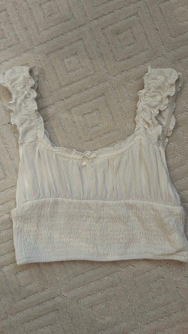 Keten Beyaz Fırfırlı Bohem Kadın Atlet crop - Görsel 2