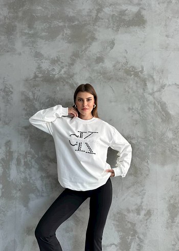 Beyaz Pamuklu Uzun Kollu Kadın Sweatshirt iki iplik