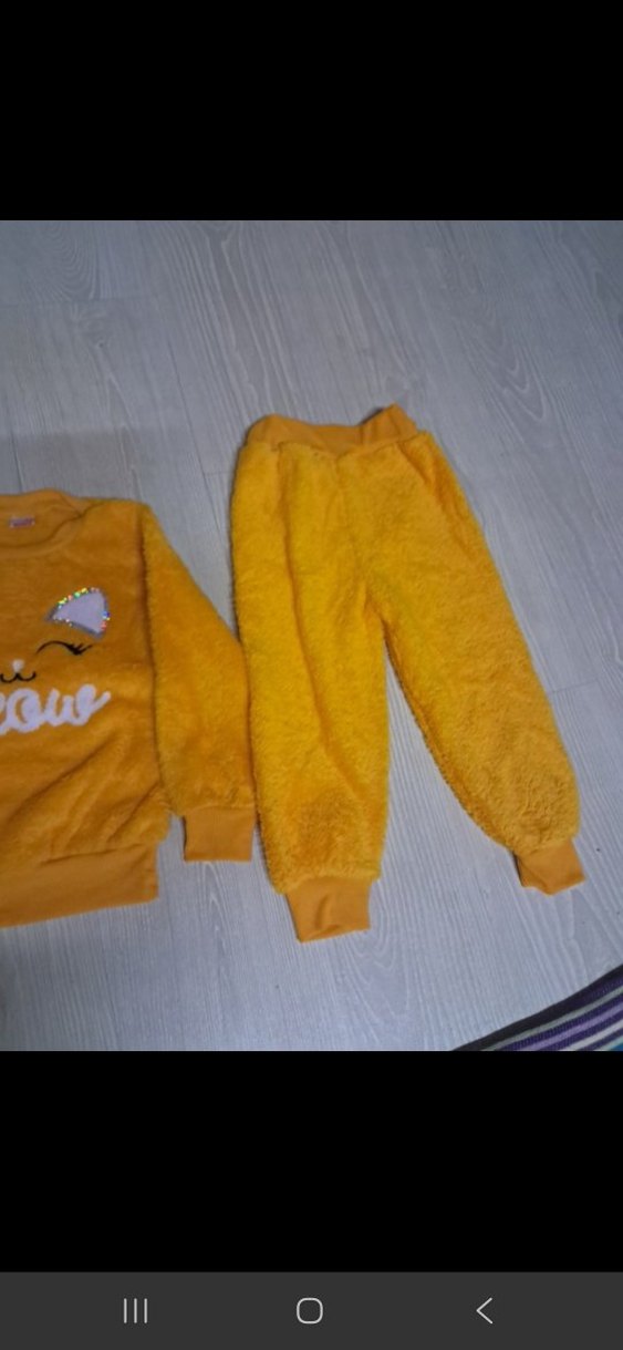 Kız Çocuk Sarı Peluş Sweatshirt ve Eşofman Takımı - Görsel 3