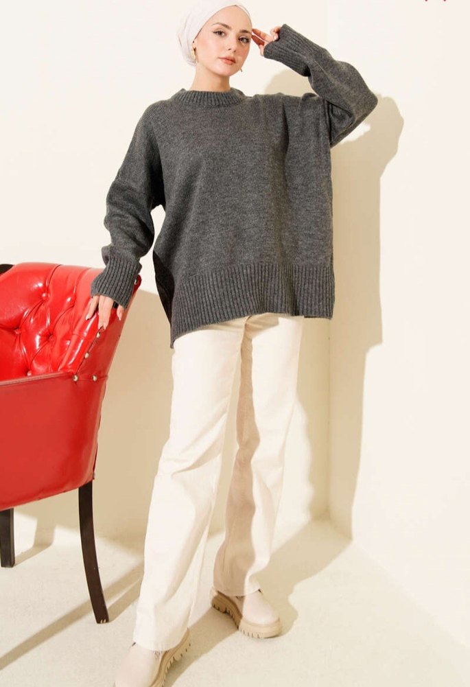 Antrasit Oversize Triko Kadın Kazak KAMPANYALI ÜRÜN - Görsel 2