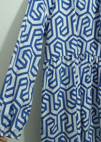 Mavi Geometrik Desenli Uzun Kadın Elbise - Görsel 3