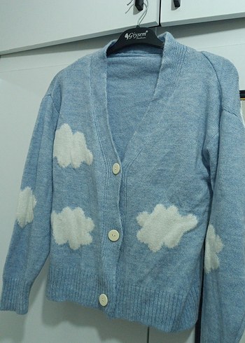 Mavi Bulut Desenli Örgü Kadın Hırka - Görsel 3