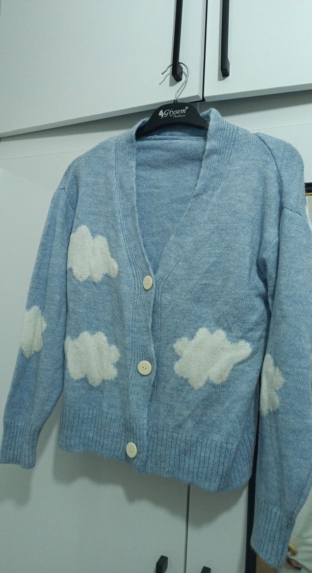 Mavi Bulut Desenli Örgü Kadın Hırka - Görsel 3