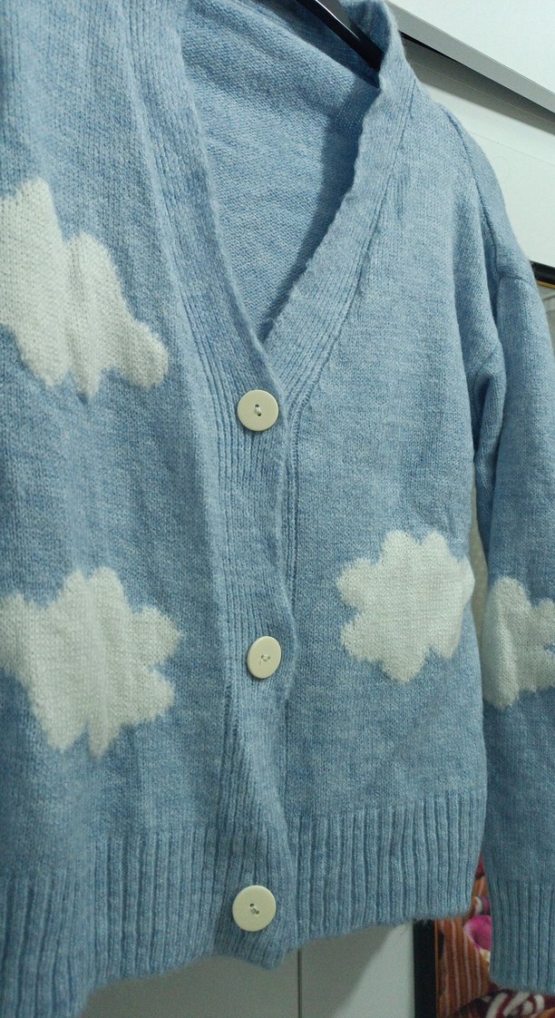 Mavi Bulut Desenli Örgü Kadın Hırka - Görsel 4