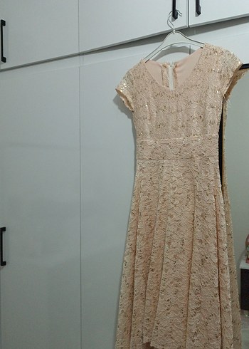 Bej Dantelli V Yakalı Uzun Abiye Elbise - Görsel 3