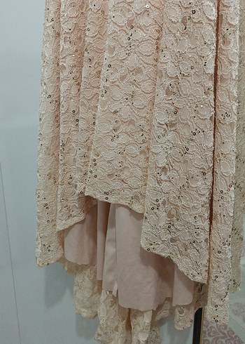 Bej Dantelli V Yakalı Uzun Abiye Elbise - Görsel 4