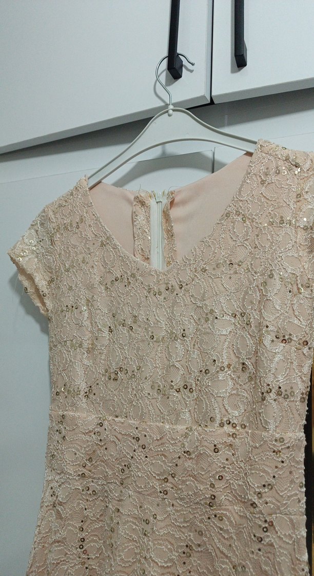 Bej Dantelli V Yakalı Uzun Abiye Elbise - Görsel 2