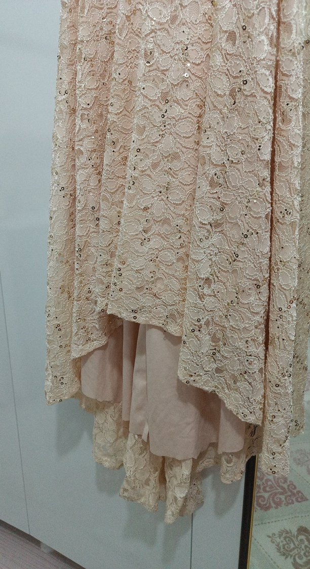 Bej Dantelli V Yakalı Uzun Abiye Elbise - Görsel 4