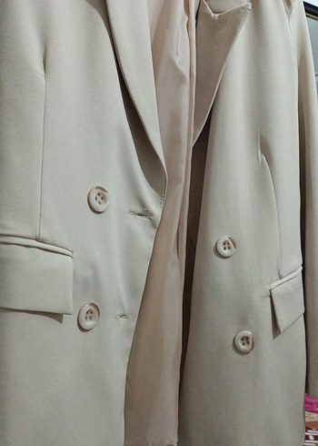 Bej Kadın Düğmeli Midi Blazer Ceket - Görsel 2