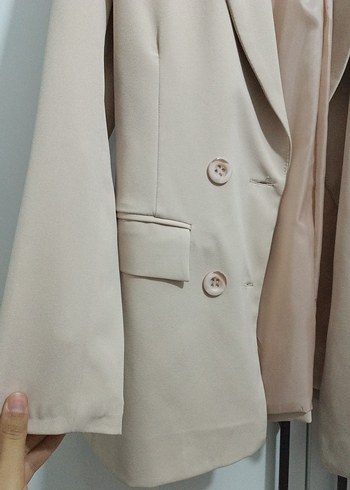 Bej Kadın Düğmeli Midi Blazer Ceket - Görsel 3