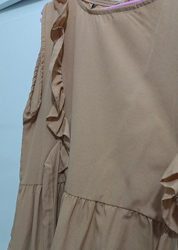 Bej Keten Volanlı Salopet Elbisesi - Görsel 4