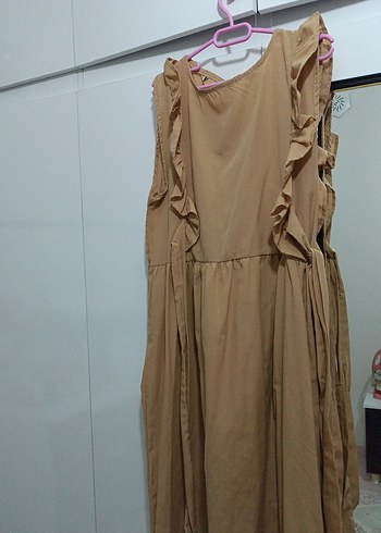 Bej Keten Volanlı Salopet Elbisesi - Görsel 2