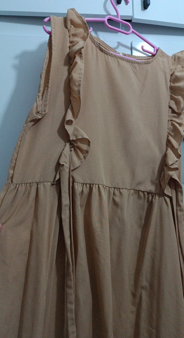 Bej Keten Volanlı Salopet Elbisesi - Görsel 5