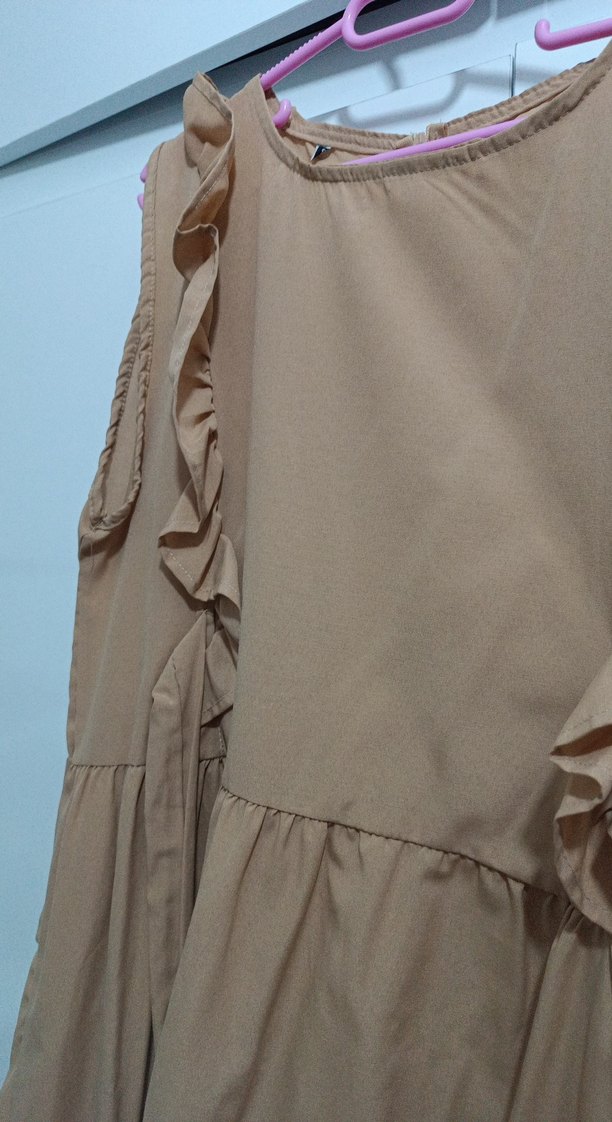 Bej Keten Volanlı Salopet Elbisesi - Görsel 4