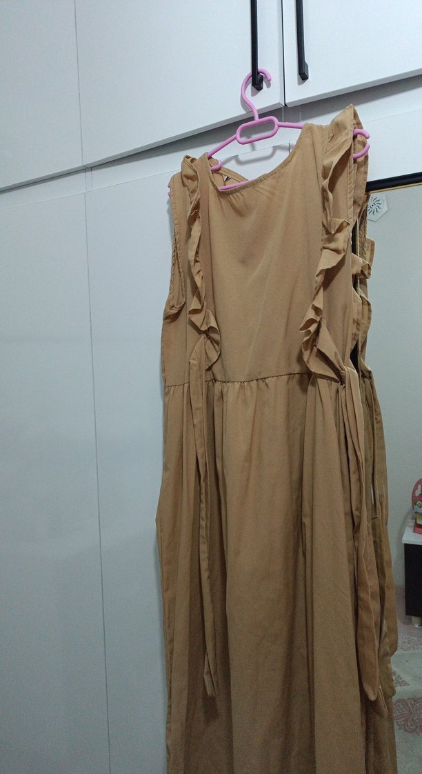 Bej Keten Volanlı Salopet Elbisesi - Görsel 2