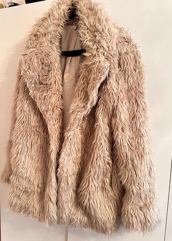 BERSHKA Bej Kadın Midi Suni Kürk Ceket - Görsel 3