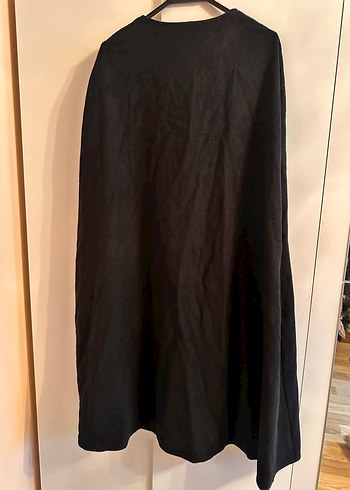 Düğmeli Siyah Keten Uzun Kadın Pelerin - Görsel 4