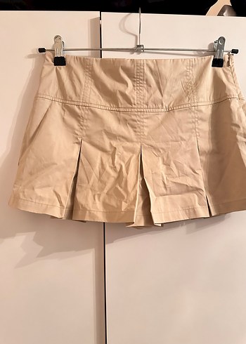 Bej Pilili paraşüt kumaş Mini Etek - Görsel 2