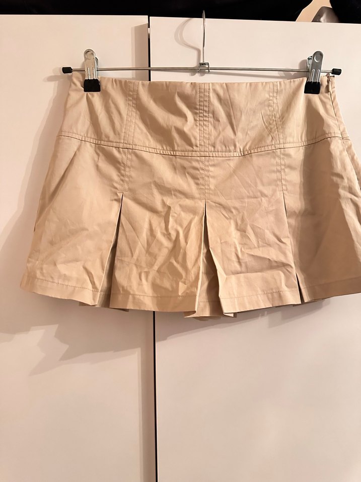 Bej Pilili paraşüt kumaş Mini Etek - Görsel 2