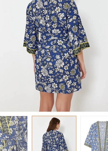 40 Beden Kemerli Kısa Mavi Bohem Kimono