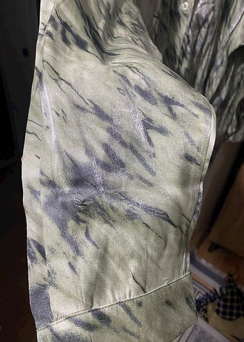 s Beden haki Renk Kadın Gri Batik Desenli Uzun Keten Gömlek