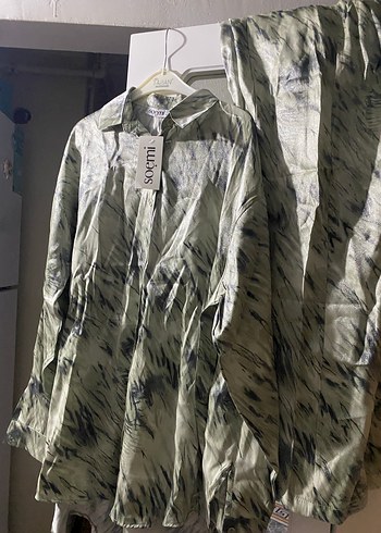 Kadın Gri Batik Desenli Uzun Keten Gömlek